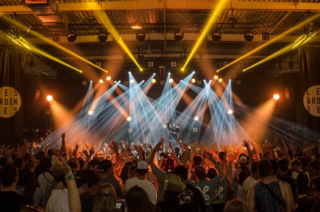 Energetic music concert scene with bright lights and a lively cheering crowd indoors.